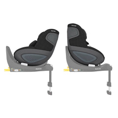 Maxi-Cosi Pearl 360 (Authentic Black) - side view, showing the seat in parent-facing and forward-facing positions when fixed to the Maxi-Cosi FamilyFix 360 ISOFIX Base (base not included, available separately)