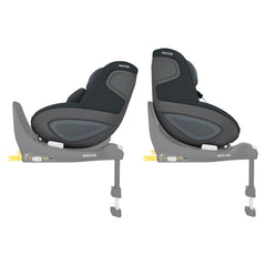Maxi-Cosi Pearl 360 (Authentic Graphite) - side view, showing the seat in parent-facing and forward-facing positions when fixed to the Maxi-Cosi FamilyFix 360 ISOFIX Base (base not included, available separately)