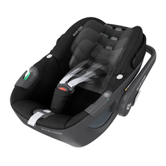 Maxi-Cosi Pebble 360 (Essential Black) - quarter view, showing the seat`s adjustable headrest and harness