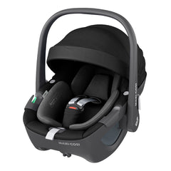 Maxi-Cosi Pebble 360 (Essential Black) - quarter view, showing the seat with its protective sun canopy raised