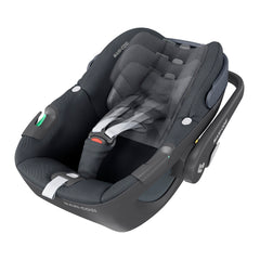 Maxi-Cosi Pebble 360 (Essential Graphite) - quarter view, showing the seat`s adjustable headrest and harness