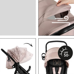 Hauck Rapid 4D Stroller (Disney - Minnie Mouse Rose) - showing some of the stroller`s features including its extendable hood, the ventilation panel and its UPF50+ protected fabric