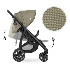 Hauck Rapid 4D Stroller (Olive) - showing the stroller`s adjustable back and leg rest (the inset picture is a close view of the stroller`s fabric)