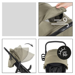 Hauck Rapid 4D Stroller (Olive) - showing some of the stroller`s features including its extendable hood, the ventilation panel and its UPF50+ protected fabric