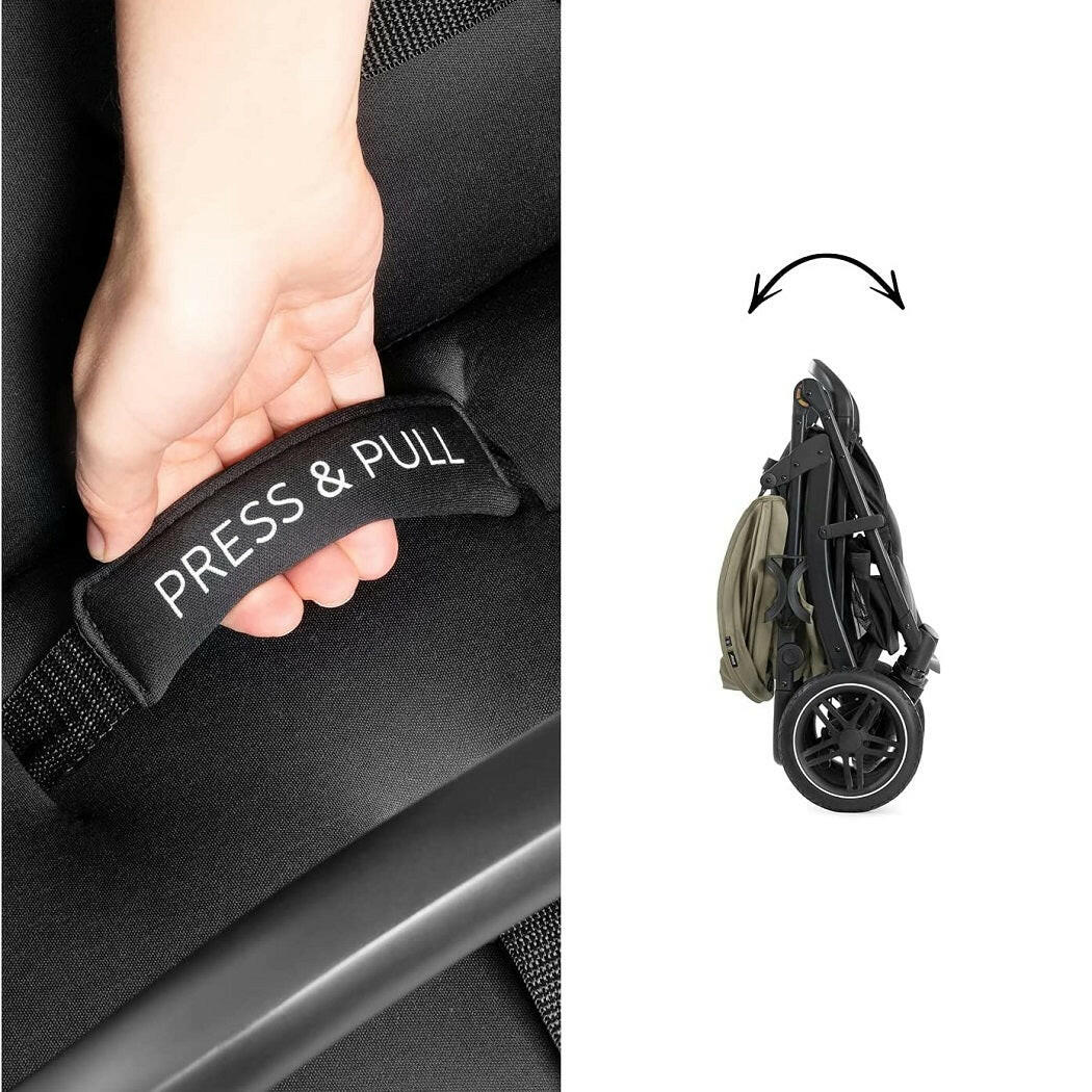 Hauck Rapid 4D Stroller (Olive) - showing the `Press&Pull` loop you use when folding the stroller and then the stroller when folded