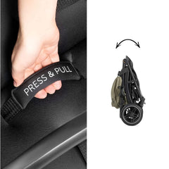 Hauck Rapid 4D Stroller (Olive) - showing the `Press&Pull` loop you use when folding the stroller and then the stroller when folded