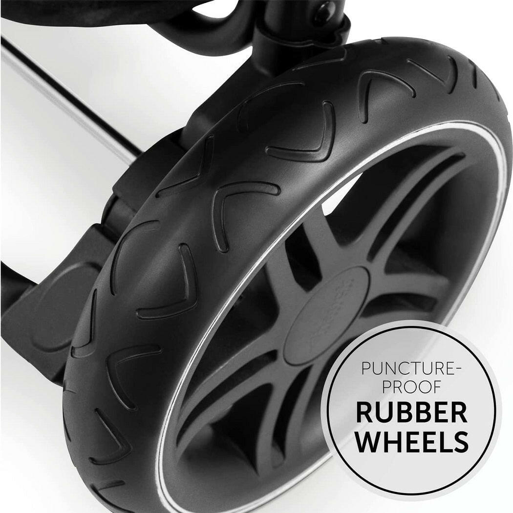 Hauck Rapid 4D Stroller (Olive) - showing one of the stroller`s large puncture-proof rubber wheels with the reflective stripe for visibility