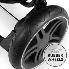 Hauck Rapid 4D Stroller (Olive) - showing one of the stroller`s large puncture-proof rubber wheels with the reflective stripe for visibility
