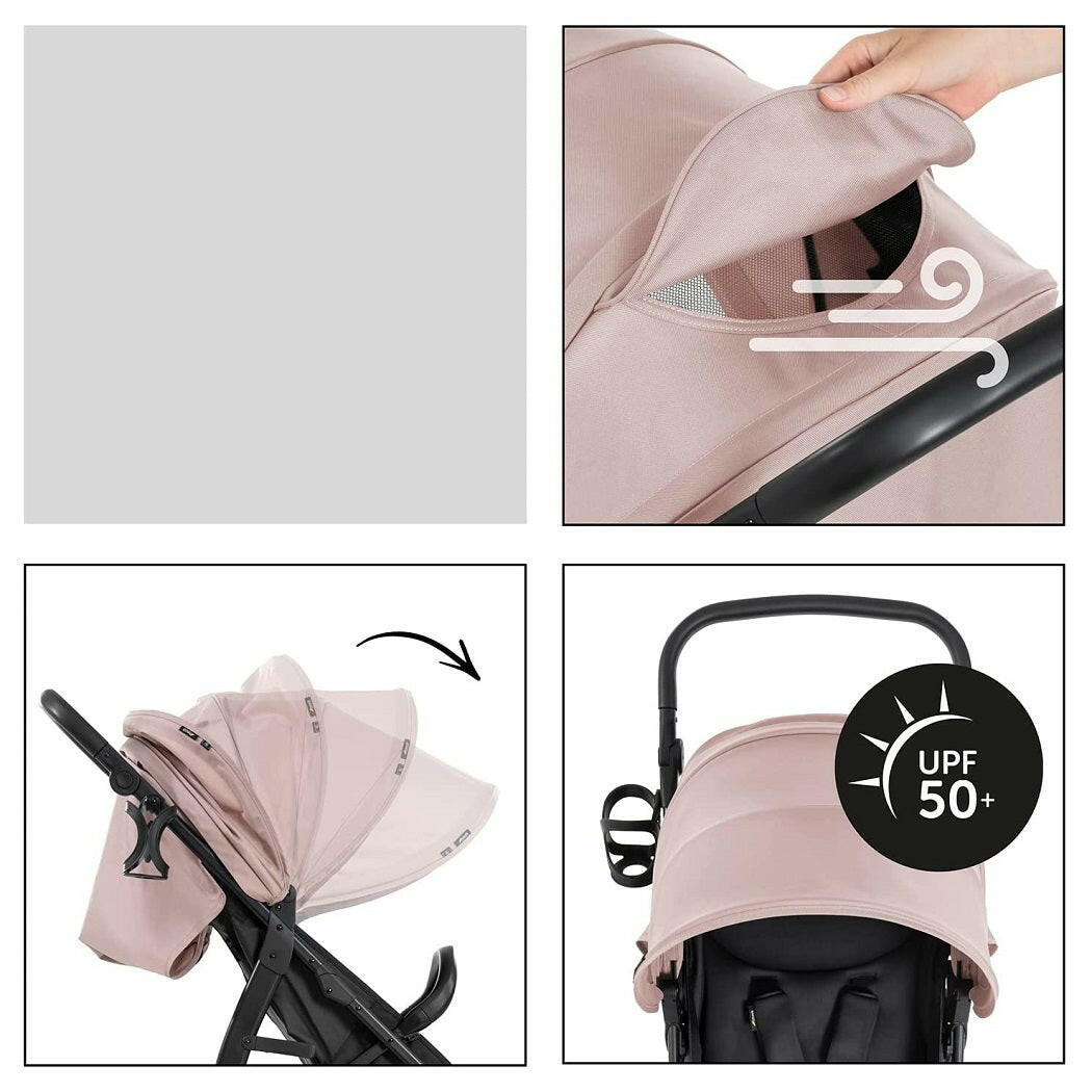 Hauck Rapid 4D Stroller (Dusty Rose) - showing some of the stroller`s features including its extendable hood, the ventilation panel and its UPF50+ protected fabric