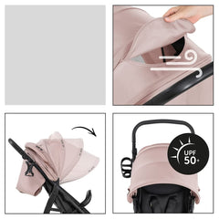 Hauck Rapid 4D Stroller (Dusty Rose) - showing some of the stroller`s features including its extendable hood, the ventilation panel and its UPF50+ protected fabric