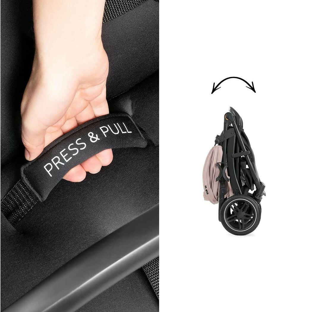 Hauck Rapid 4D Stroller (Dusty Rose) - showing the `Press&Pull` loop you use when folding the stroller and then the stroller when folded