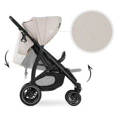 Hauck Rapid 4D Stroller (Beige) - side view, showing the stroller`s adjustable back rest and leg rest (the inset picture is a close view of the stroller`s fabric)