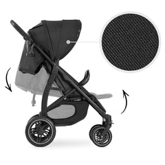 Hauck Rapid 4D Stroller (Black) - side view, showing the stroller`s adjustable back rest and leg rest (the inset picture is a close view of the stroller`s fabric)