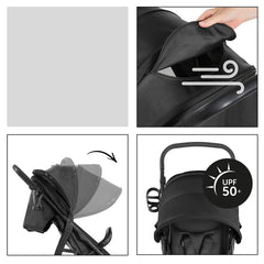 Hauck Rapid 4D Stroller (Black) - showing some of the extendable hood`s features which includes UPF50+ protection and a ventilation panel