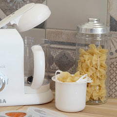 BEABA Pasta/Rice Cooker Insert (White) - showing the insert filled with pasta