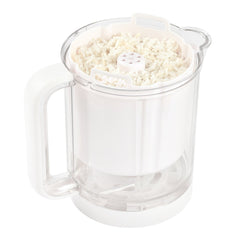BEABA Pasta/Rice Cooker Insert -  Fits Babycook® Solo/Duo (White) - showing the insert filled wth rice and placed inside the glass bowl