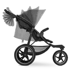 Hauck Runner2 All Terrain Pushchair (Black) - side view, showing the stroller`s adjustable canopy, handlebar and seat back