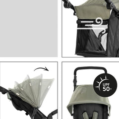 Hauck Runner 2 All Terrain Pushchair (Disney - Mickey Mouse Olive) - showing the many features of the Runner`s canopy including its UPF50+ protection