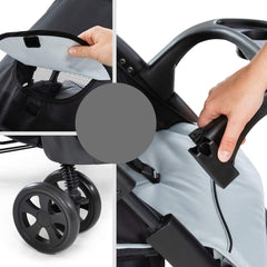 Hauck Shopper Neo II (Caviar Silver) - showing the stroller`s canopy ventilation panel, opening bumper bar and suspension