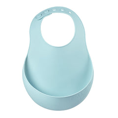 BEABA Silicone Bibs - Pack of 2 (Light Mist/Old Blue) - showing the old blue bib with its notched collar and large pocket
