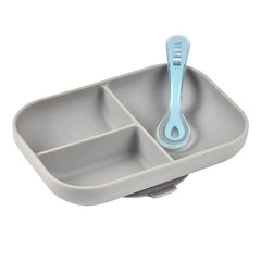 BEABA Silicone Suction Compartment Plate (Grey) - showing the plate and feeding spoon