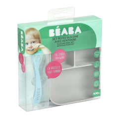 BEABA Silicone Suction Compartment Plate (Grey) - showing the plate and spoon within their packaging