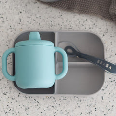 BEABA Silicone Meal Set - 3 Piece (Blue) - showing the set`s cup, plate and spoon