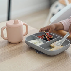 BEABA Babycook® Solo Express - Weaning Bundle (Grey/Pink) - showing the 3 piece meal set being used by an infant