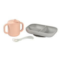 BEABA Silicone Meal Set & Bibs Bundle (Grey/Pink) - showing the meal set`s cup, plate and spoon