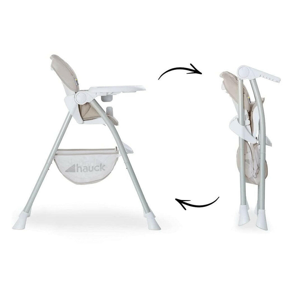 Hauck Sit N Fold Highchair (Beige) - side view, showing the highchair folded and unfolded