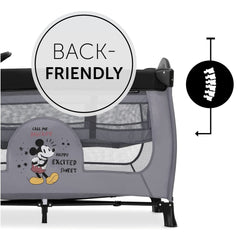 Hauck Sleep'n'Play Centre (Mickey Mouse - Grey) - showing the newborn sleeping level which is designed to be kind to your back