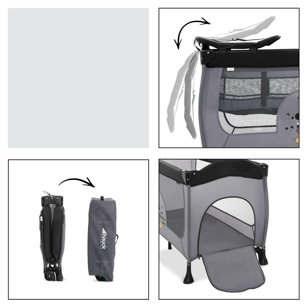 Hauck Sleep'n'Play Centre (Mickey Mouse - Grey) - showing the centre`s changing table, its side access hatch and it folded then within its storage bag