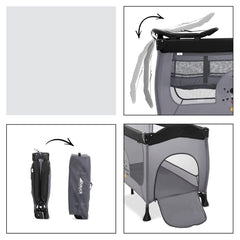 Hauck Sleep'n'Play Centre (Mickey Mouse - Grey) - showing the centre`s changing table, its side access hatch and it folded then within its storage bag