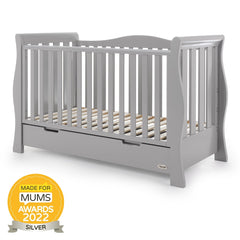 Obaby Stamford Luxe Cot Bed (Warm Grey) - shown here with its Made For Mums 2022 SILVER Award