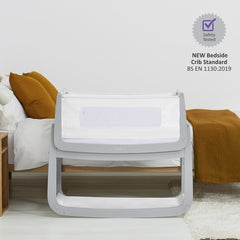 SnuzPod⁴ Bedside Crib 3-in-1 (Dove Grey) - showing the crib`s safety testing compliance