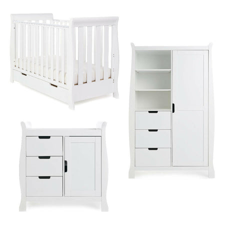 Obaby Stamford MINI Sleigh Cot Bed (White) - showing the included cot bed, changing unit and double wardrobe (mattress not included)