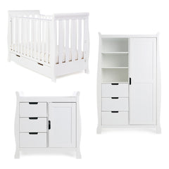 Obaby Stamford MINI Sleigh Cot Bed (White) - showing the included cot bed, changing unit and double wardrobe (mattress not included)