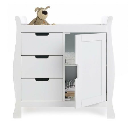 Obaby Stamford MINI Sleigh 2 Piece Room Set (White) - showing the closed changing unit with door open to reveal internal shelves (bedding and toys not included)