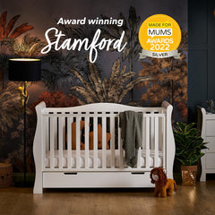 Obaby Stamford Luxe Sleigh Cot Bed with Drawer - showing the cot bed which has been awarded the Made For Mums SILVER Award for 2022