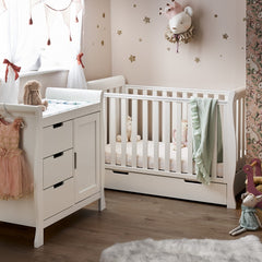 Obaby Stamford MINI Sleigh 2 Piece Room Set (White) - lifestyle image (mattress, bedding and toys etc not included)