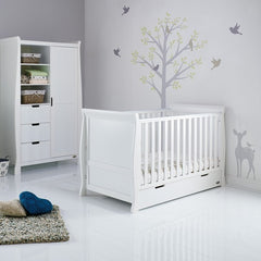 Obaby Stamford Sleigh Cot Bed with Drawer - lifestyle image (wardrobe not included)