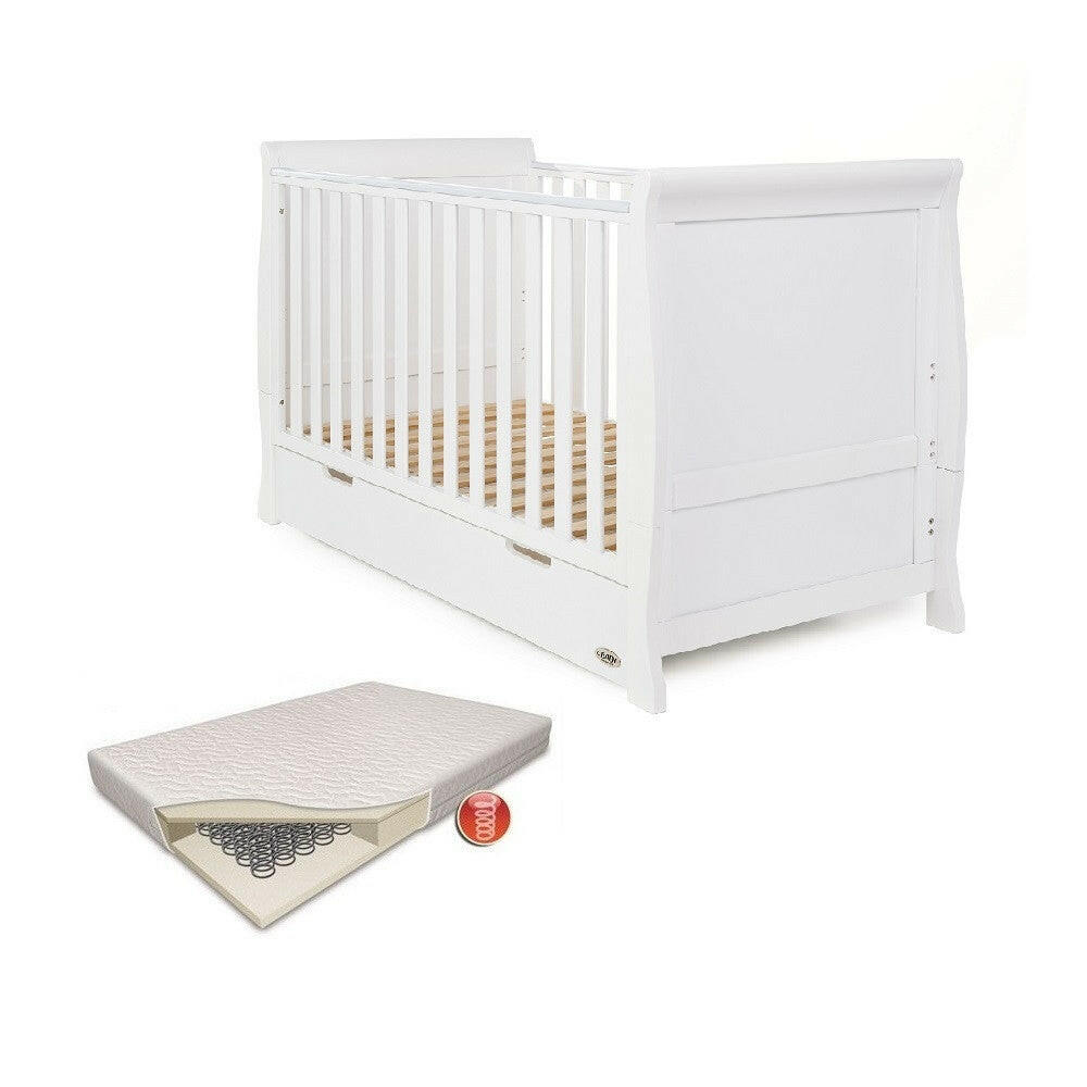 Obaby Stamford Sleigh Cot Bed with Drawer and included Spring Mattress (White)