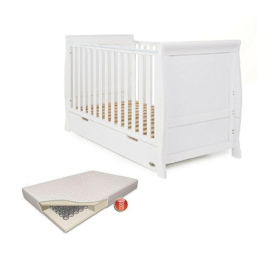 Obaby Stamford Sleigh Cot Bed with Drawer and included Spring Mattress (White)
