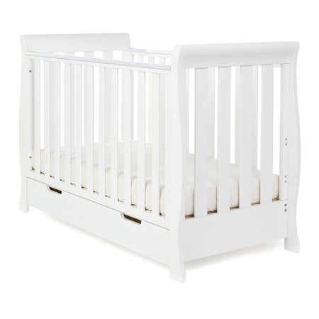 Obaby Stamford MINI Sleigh Cot Bed (White) - shown here with a mattress (mattress not included, available separately)