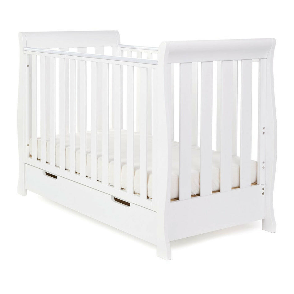 Obaby Stamford MINI Sleigh Cot Bed (White) - shown here with a mattress (mattress not included, available separately)