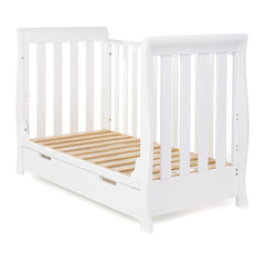 Obaby Stamford MINI Sleigh Cot Bed (White) - shown here with one side panel removed to use as a sofa bed