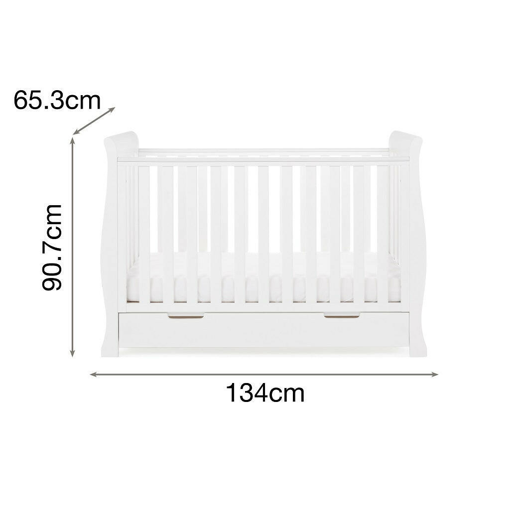 Obaby Stamford MINI Sleigh Cot Bed with Drawer (White) - shown here with dimensions