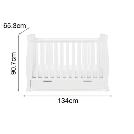 Obaby Stamford MINI Sleigh Cot Bed with Drawer (White) - shown here with dimensions