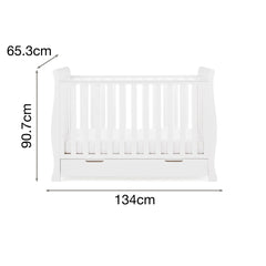 Obaby Stamford MINI Sleigh Cot Bed with Drawer (White) - shown here with dimensions
