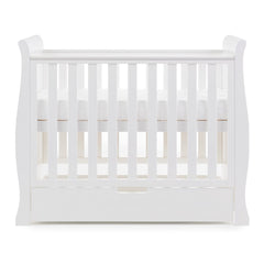 Obaby Stamford Space Saver Cot With SPRUNG Mattress (White) - side view, shown here with mattress at its highest level